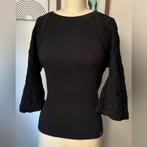 CHANEL Vintage Black Ribbed Knit Top with Lace Bolero Sleeves